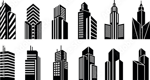 Commercial Business Office Building Silhouette, Corporate Headquarters and Administrative Center Graphic, Monochrome Architecture Vector, Retro Townscape and Tree Illustration.
