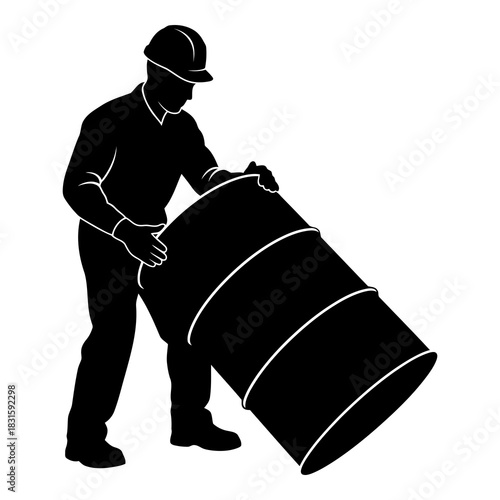 Worker silhouette rolling heavy industrial barrel or drum, safety at workplace isolated on white background, Vector