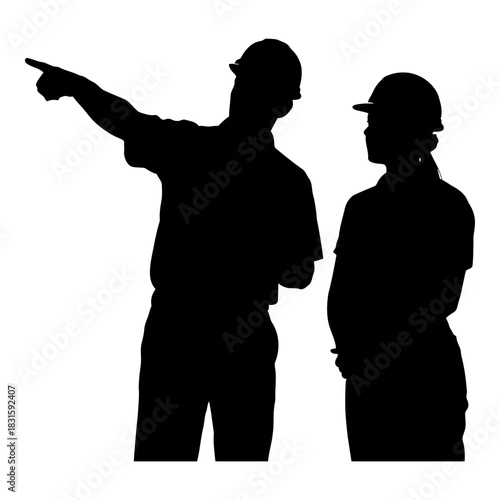Construction engineers in hard hats pointing and discussing plans or direction. isolated on white background, Vector