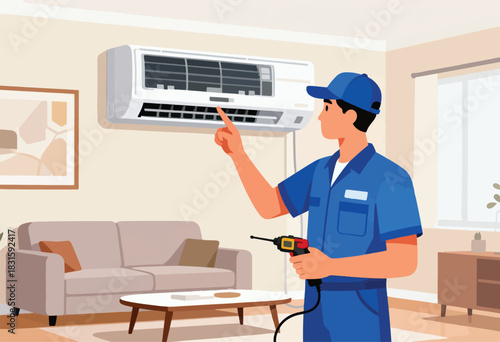A technician in blue overalls inspects a white air conditioner with a drill in hand, indoor domestic scene