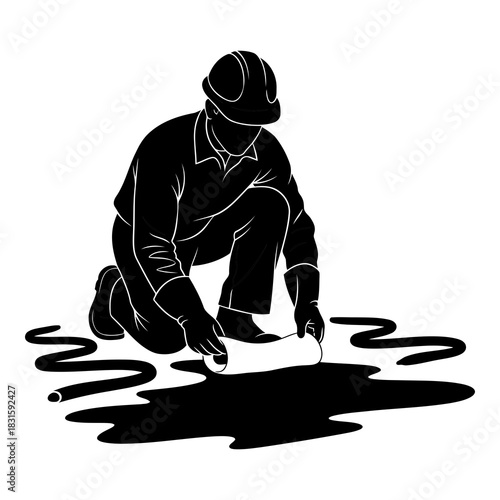 Industrial worker in safety gear diligently inspecting a dark liquid spill on the ground isolated on white background, Vector