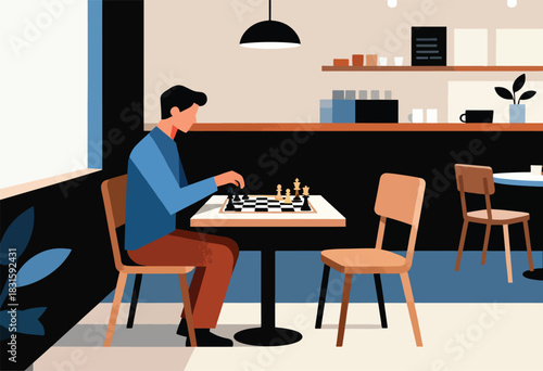 A man plays chess in a cafe. Flat vector illustration with muted colors and modern interior design