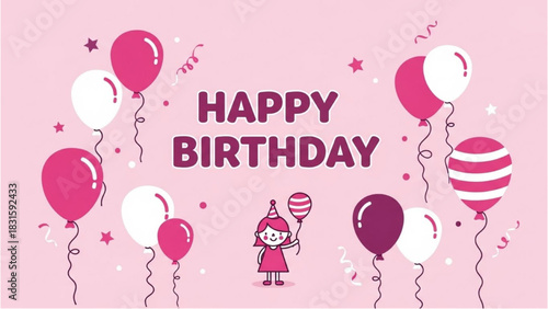 Happy Birthday Greeting Card with Festive Balloons and a Cute Girl Character