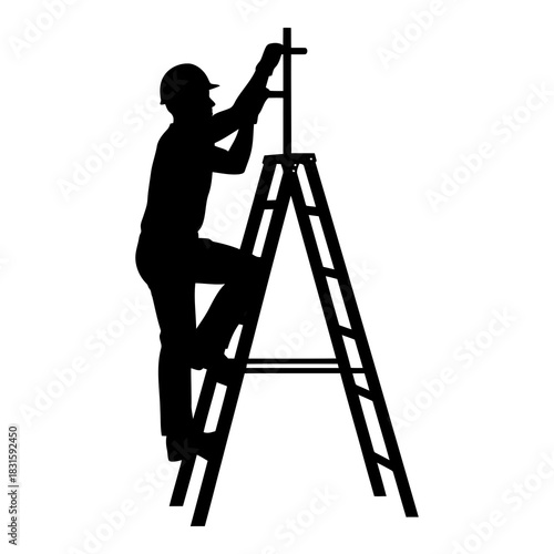 Skilled worker silhouette on ladder fixing or building a structure, white isolated on white background, Vector