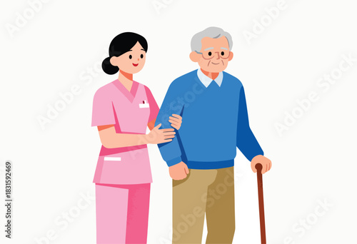 A healthcare worker in pink uniform assisting an elderly man, who is using a cane to walk, with a white background