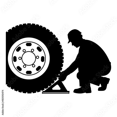 Worker placing wheel chock under a heavy vehicle tire for safety measures isolated on white background, Vector