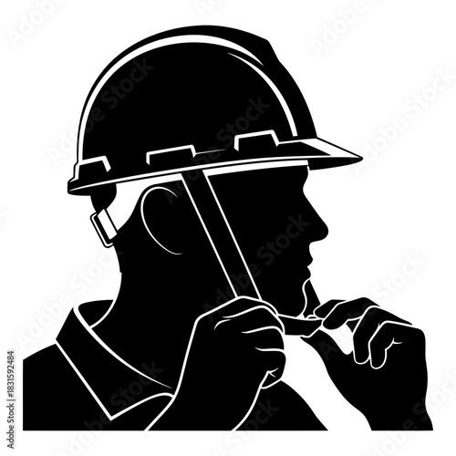 Worker securing a hard hat with its chin strap, ensuring safety on site isolated on white background, Vector