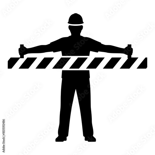 Worker silhouette holding striped safety barrier, caution and restriction symbol. isolated on white background, Vector