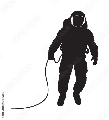 Black silhouette of an astronaut in a spacesuit floating in zero gravity while holding a tether, depicted in a simple graphic vector illustration style