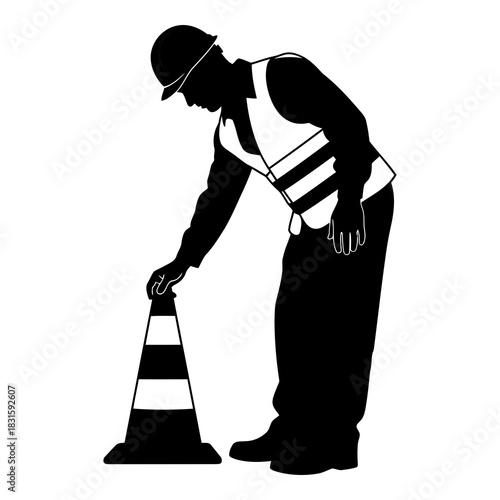 Construction worker placing traffic cone silhouette, safety and regulation concept isolated on white background, Vector