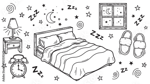 Hand-drawn black and white sleep doodle set with a cozy bed, alarm clock, slippers, and nightstand lamp in a charming line art illustration style with stars and a crescent moon