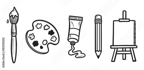 Set of hand-drawn art supplies icons including a paintbrush, palette, paint tube, pencil, and easel, illustrated in a simple black and white doodle style for creative concepts
