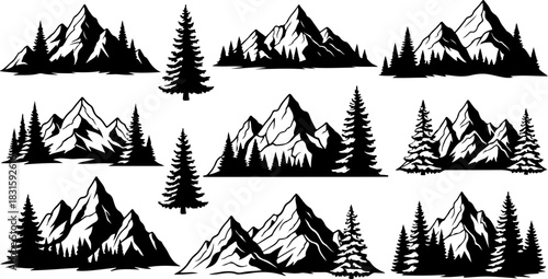 Mountain and Pine Forest Silhouette Vector  SetCollection