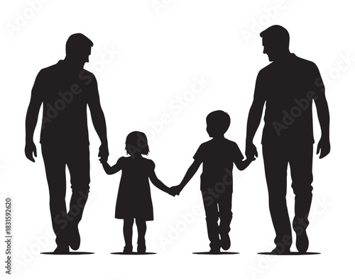 Black silhouette of a gay male couple walking with their two children, a son and daughter, holding hands together in a loving family concept illustration of parenthood and unity