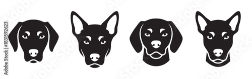 Four black dog head icons in a minimalist graphic style showing different breeds like a retriever and shepherd, perfect for a logo or emblem for a pet-related business