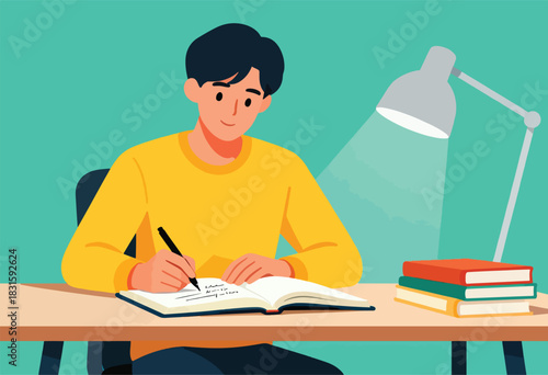 A person in a yellow shirt sits at a desk, writing in a notebook under a lamp's light, with books nearby