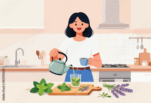 A woman in a kitchen pours tea into a glass with herbs, holding a mug. Ingredients lay on the counter
