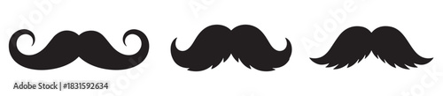 Set of three black mustache icons in various classic and retro styles, including a handlebar shape, representing men's grooming, barbershop themes, and funny party props