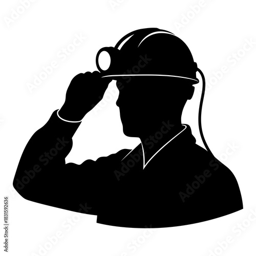 Industrial worker silhouette wearing a safety hard hat with a headlamp on isolated on white background, Vector