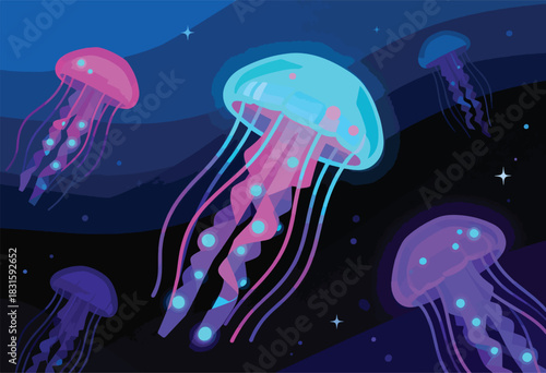 Illustration of luminous jellyfish in a deep sea setting, various shades of blue and purple