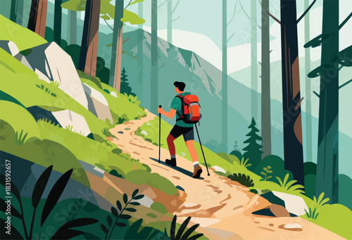 A person hikes a forest trail, backpack on, with hiking poles. Lush foliage and a mountain in the background
