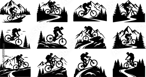 Cycling Rider Silhouette Icon Set – Bicycle Sport Action Poses