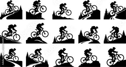 Cycling Rider Silhouette Icon Set – Bicycle Sport Action Poses