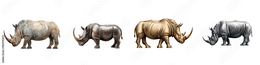 Fototapeta premium Rhino Portraits: Four Illustrations of Rhinoceros on White