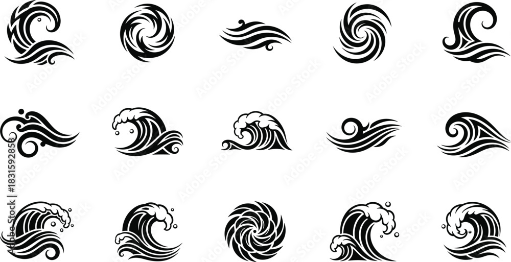 Fototapeta premium Ocean waves collection. Sea storm wave isolated. Waves, water elements set. Nature wave water storm linear style illustration