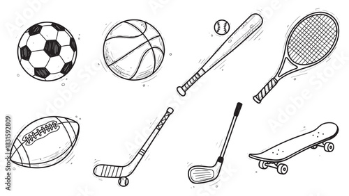 Hand-drawn set of sports equipment icons including a soccer ball, basketball, baseball bat, tennis racket, and skateboard in a black and white doodle sketch style illustration