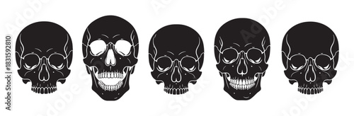 Set of five black human skulls with white outlines in a stylized graphic design, showing various expressions from menacing to screaming in a horizontal row arrangement