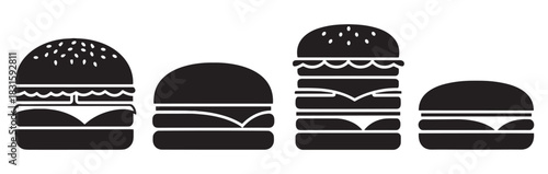 Four black burger and cheeseburger icons set showing different styles and sizes in a minimalist graphic design for fast food concepts, menus, and branding elements