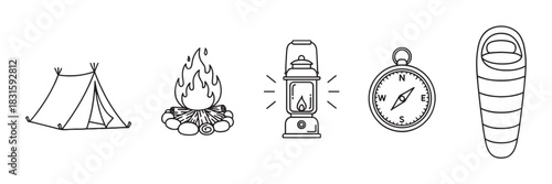 Camping equipment and outdoor adventure icons set with a tent, campfire, lantern, compass, and sleeping bag in a minimalist black line art style for tourism and recreation