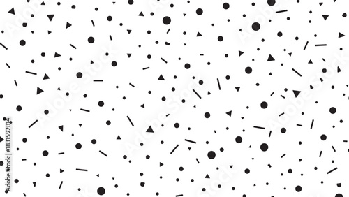 Black and white geometric seamless pattern with randomly scattered circles, triangles, and lines in a minimalist, modern, and playful Memphis design style for a fun texture