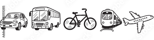 Hand drawn transportation icons set showing a car, bus, bicycle, train, and airplane in a simple black and white doodle style for various travel and transit concepts