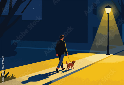 Silhouette of a person walking a dog at night under a lamppost, street lit with a strong yellow glow