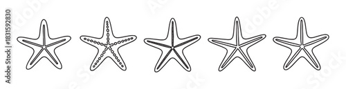 Set of five black starfish illustrations with different simple patterns in a minimalist line art style, showcasing various hand-drawn designs for a nautical or marine theme