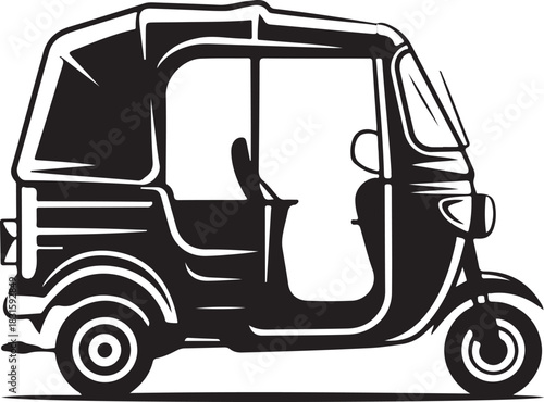 Black and white illustration of a three wheeled auto rickshaw