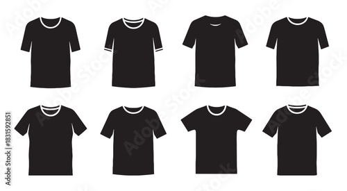 Eight black t-shirt icons are displayed in a neat grid, showcasing various simple crew neck and scoop neck designs with short sleeves in a minimalist flat graphic style