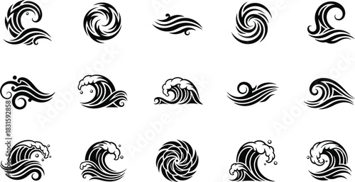 Ocean waves collection. Sea storm wave isolated. Waves, water elements set. Nature wave water storm linear style illustration