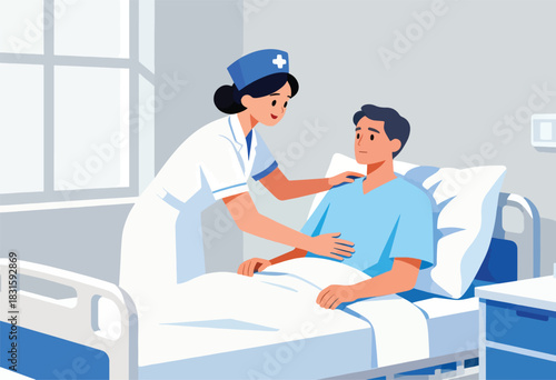 A cartoon nurse comforts a patient in bed; the healthcare worker touches his shoulder