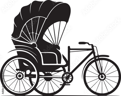 Silhouette of a traditional rickshaw with a bicycle attached