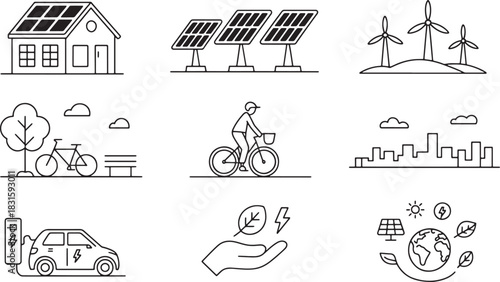 Linear Flat Icons Set of Renewable Energy, Green Energy and Eco Friendly Lifestyle