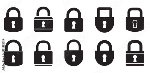 Ten black padlock icons in various shapes, a minimalist graphic set of simple glyphs representing security, privacy, and protection for user interface design