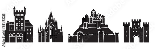 Set of four black castle silhouettes in a minimalist icon style, showcasing various medieval architectural designs from a gothic cathedral to a classic hilltop fortress