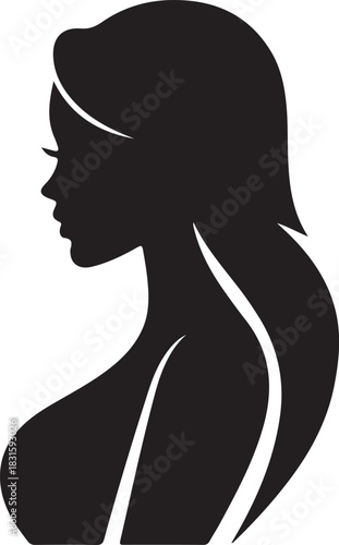 A striking black silhouette of a woman's head and shoulders in profile, showcasing her hairstyle and facial features.