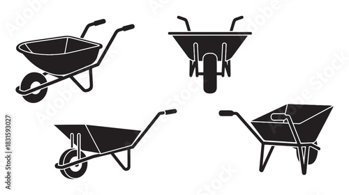 Set of four black wheelbarrow silhouettes shown from various angles and perspectives, presented as a simple graphic icon collection for gardening or construction themes