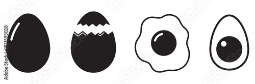 Set of four black egg icons depicting various forms including whole, cracked, fried, and hard-boiled, presented in a clean, minimalist graphic illustration style