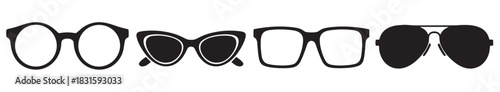 Collection of black glasses silhouettes in various fashionable styles including round, cat eye, square, and aviator, presented as a set of simple graphic icons for vision or style concepts