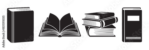 Set of four black book icons showing an open book, a closed book, and a stack of books in a minimalist graphic style for educational concepts